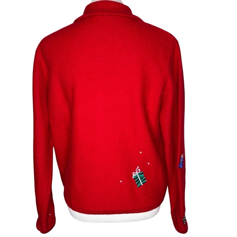 Karen Scott Red Wool Embroidered Holiday Gifts Bows Button Cardigan Sweater Med - Picture 3 of 14